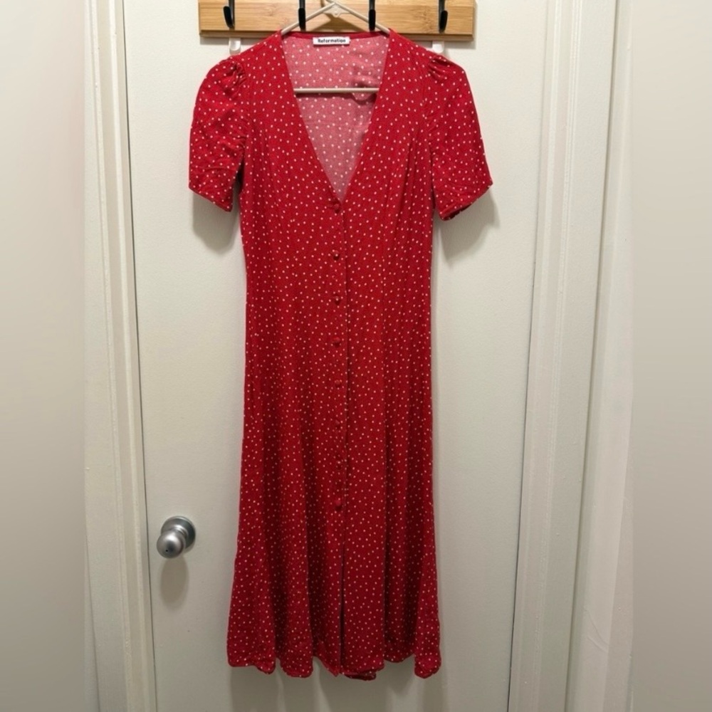 Reformation Red Polka Dot Midi Dress Size 6 V-Neck Button Front